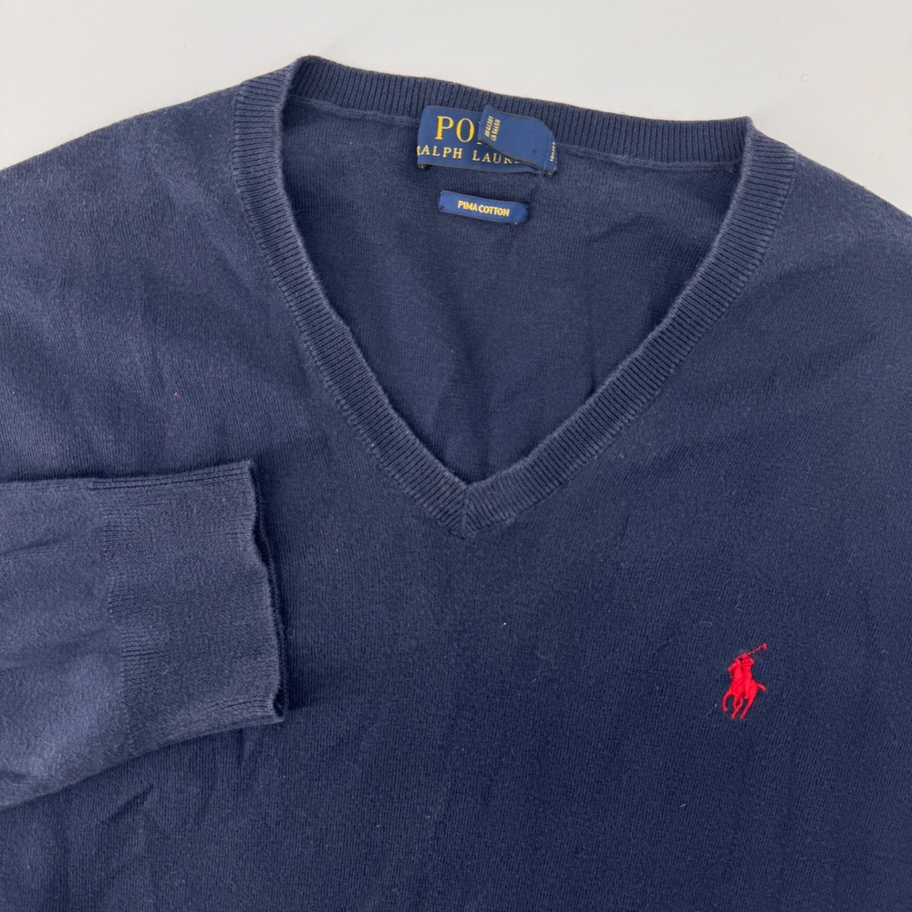 Polo Ralph Lauren Sweater Mens XXL Navy Blue Pima Cotton V-Neck Pony Logo 9190